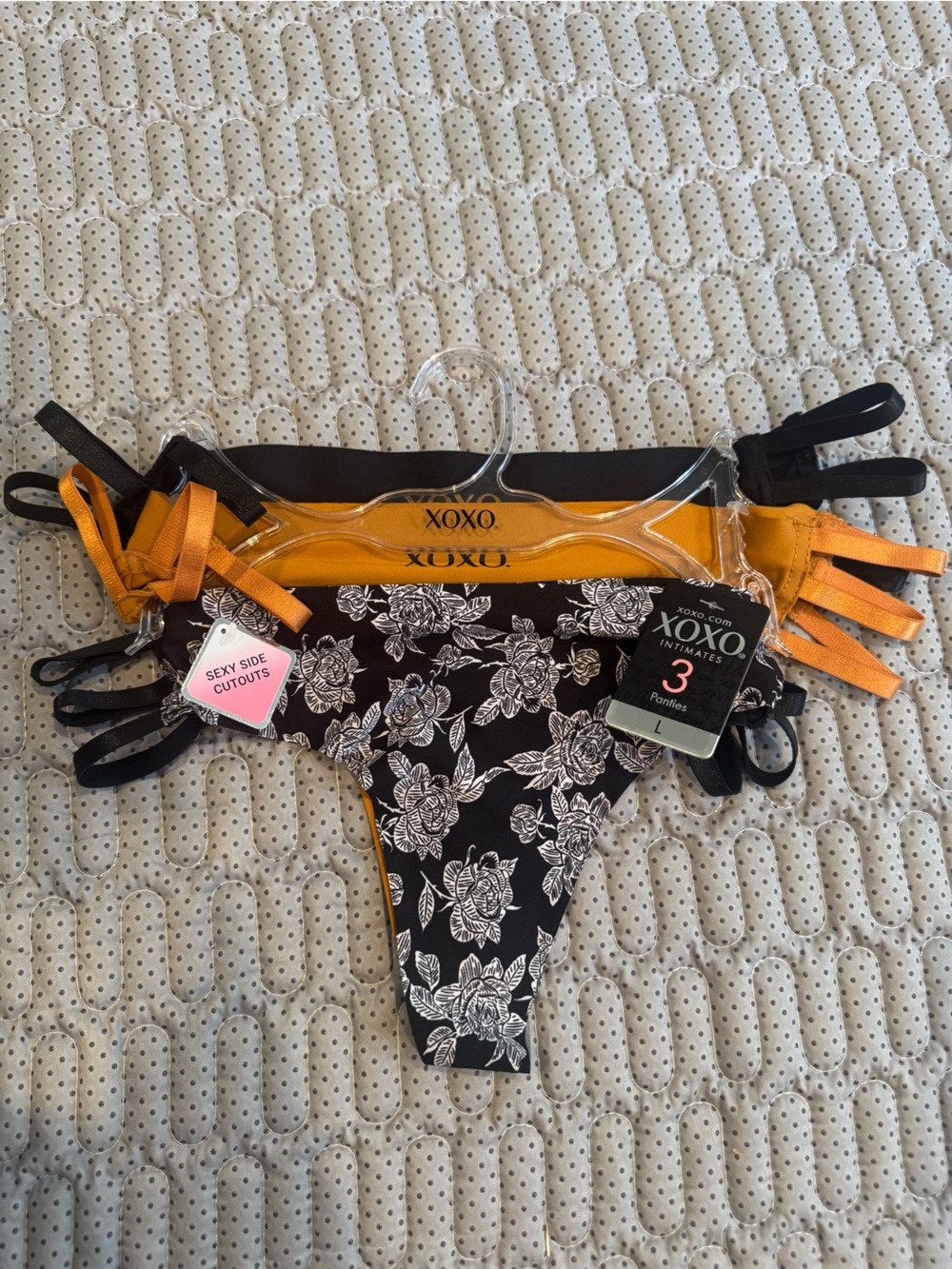 XOXO Black Floral & Mustard Strappy Thong Pack 3